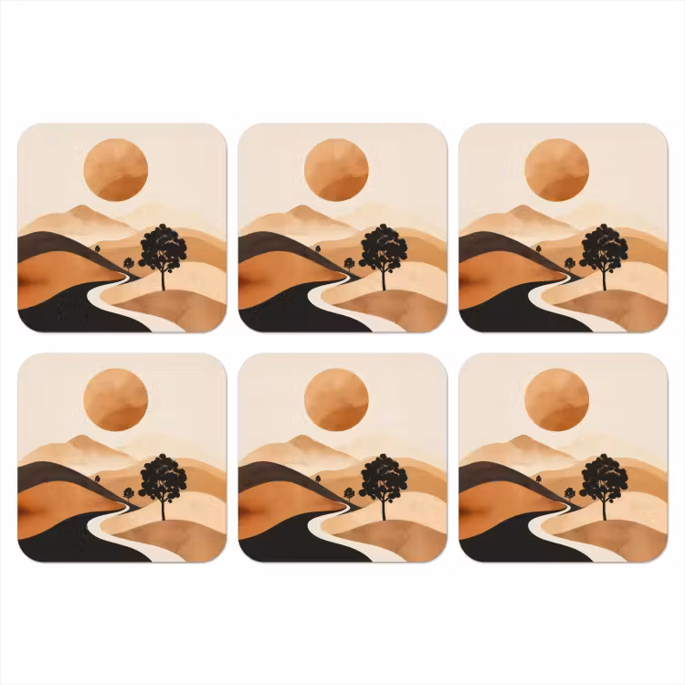 Zon - Heuvels - Boom - Abstract onderzetter kurk middel -3d