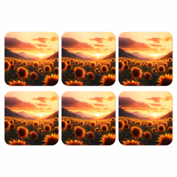 Zonnebloemen - Zonsondergang - Landschap onderzetter kurk middel -3d