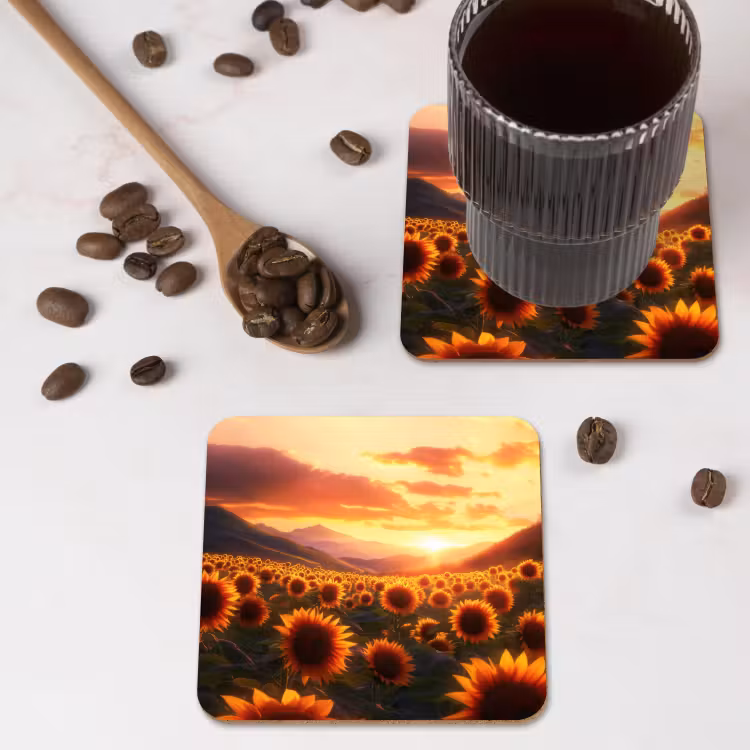 Zonnebloemen - Zonsondergang - Landschap onderzetter kurk middel -sfeer2