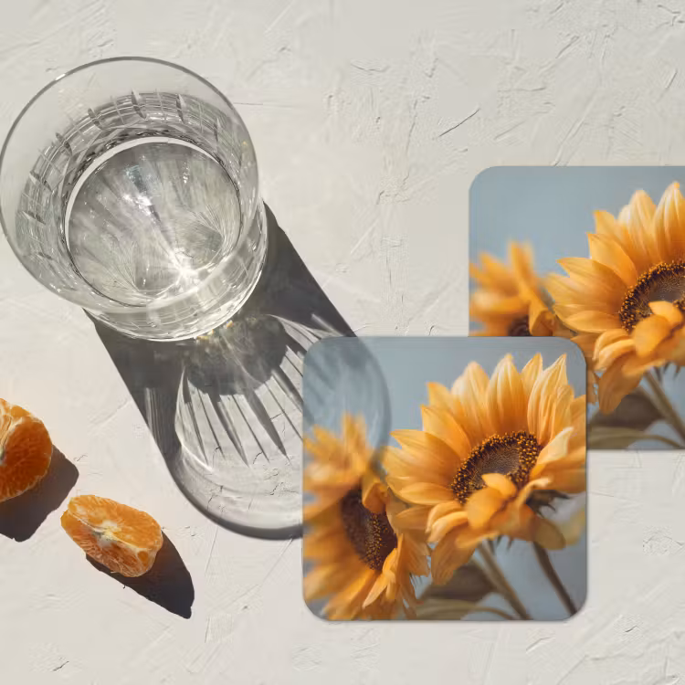 Zonnebloemen - Geel - Wazig onderzetter kurk middel -sfeer4