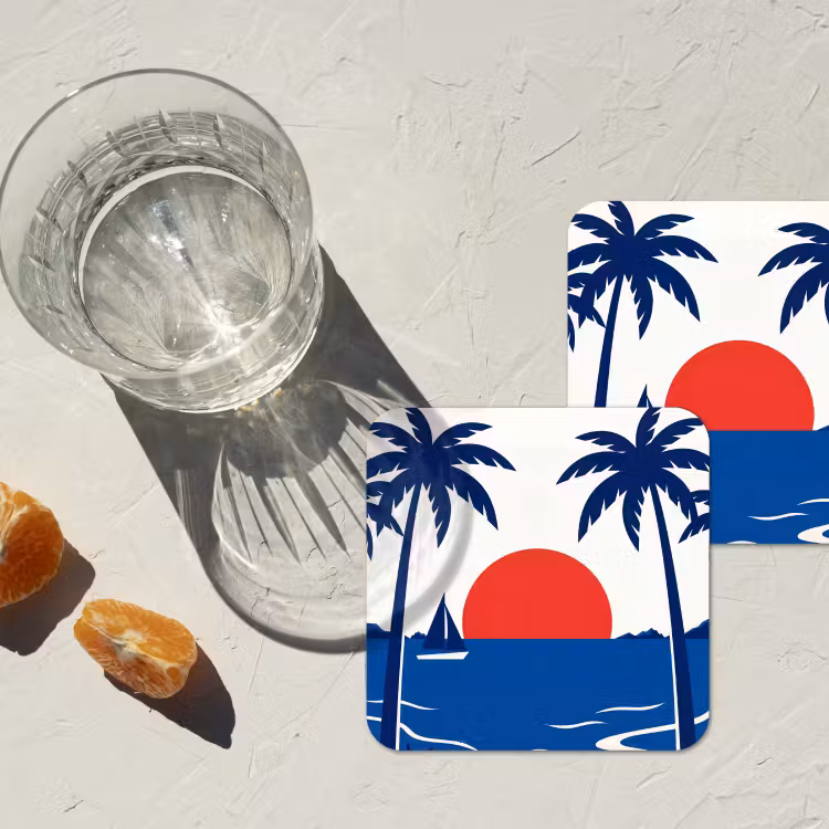 Zonsondergang - Zee - Palmboom - Tropisch - Modern onderzetter kurk middel -sfeer4