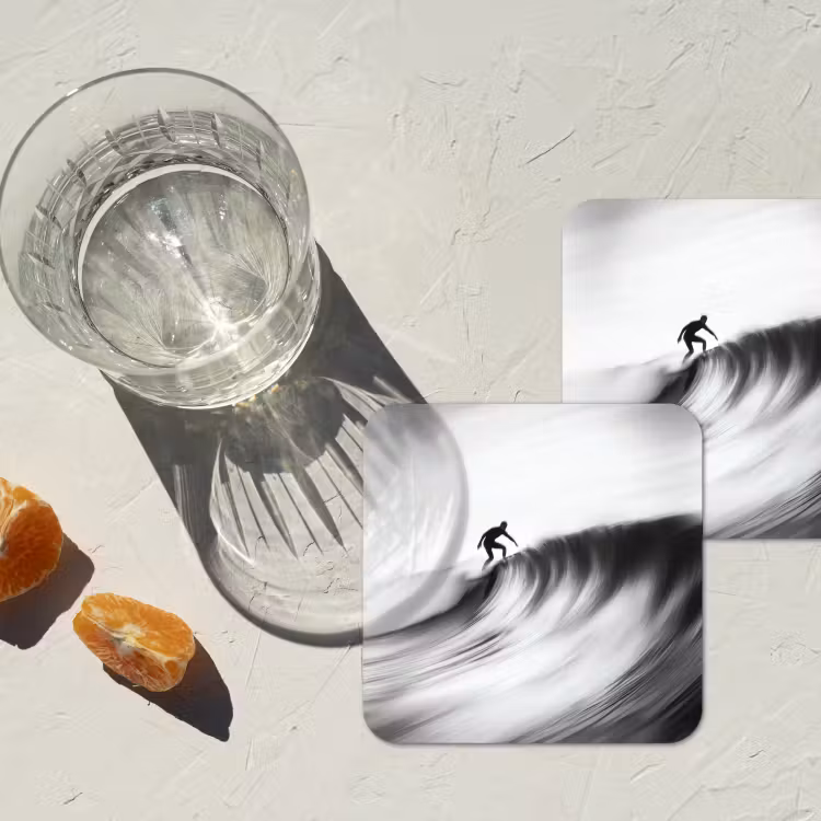 Surfer - Golf - Vervaagd - Zwart onderzetter kurk middel -sfeer4