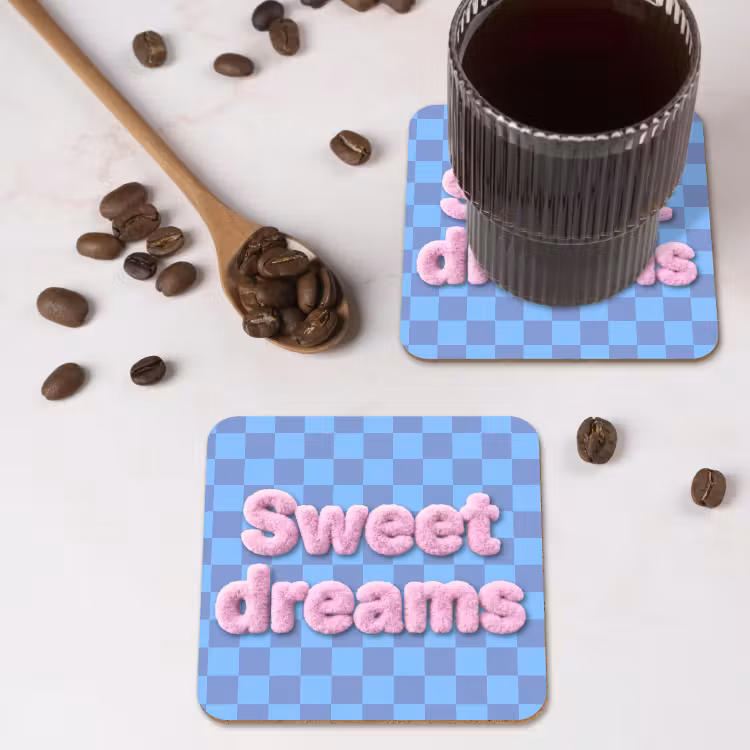 Sweet dreams - Vierkanten - Roze - Blauw onderzetter kurk middel -sfeer2