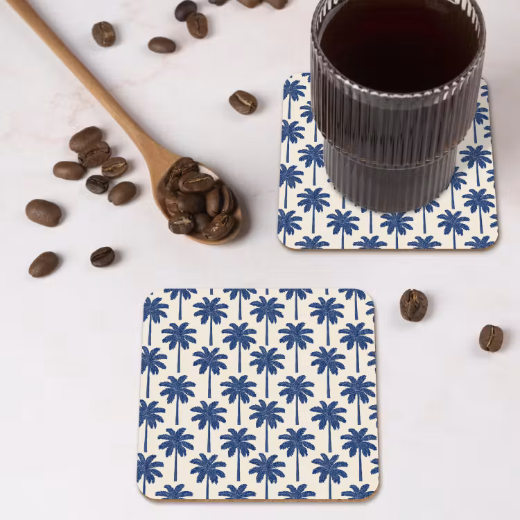 Symmetrisch - Palm - Blauw onderzetter kurk middel 366 -sfeer2