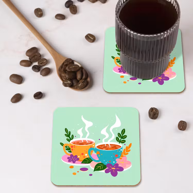 Thee - Illustratie - Kopjes - Bloemen onderzetter kurk middel -sfeer2