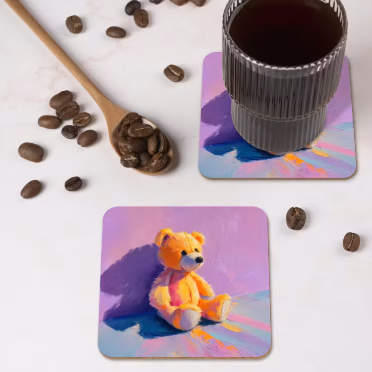 Teddybeer - Schaduw - Penseelstreken - Paars onderzetter kurk middel -sfeer2