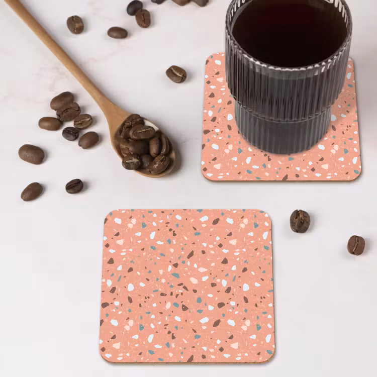 Terrazzo -  Patroon - Kleurrijk - Roze - Blauw onderzetter kurk middel 366 -sfeer2