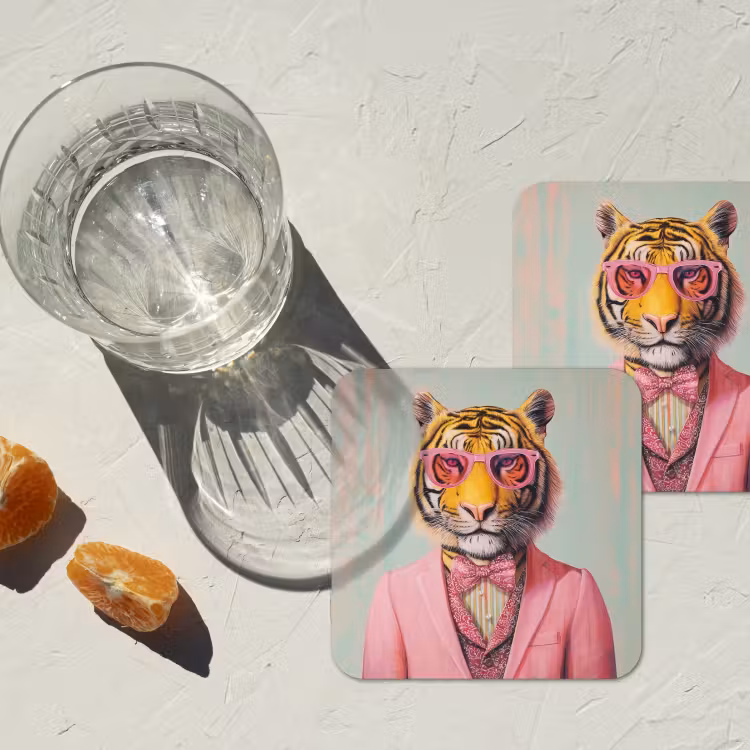 Tijger - Strik - Jasje - Roze onderzetter kurk middel -sfeer4