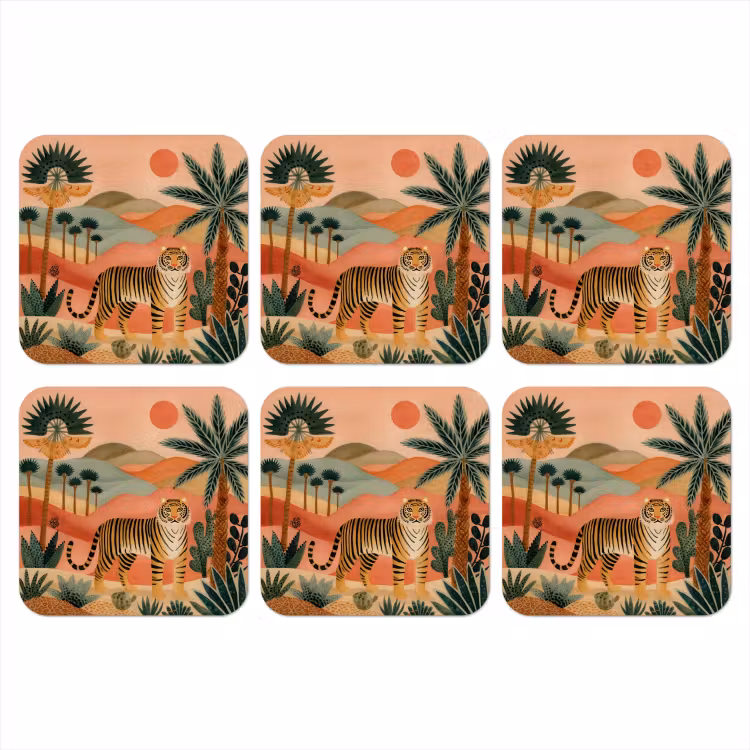 Tijger - Kleurrijk - Palmen - Cactus onderzetter kurk middel -3d