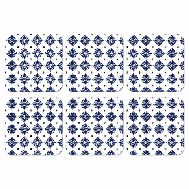 Tegelmotief - Blauw - Wit - Bloem onderzetter kurk middel 366 -3d
