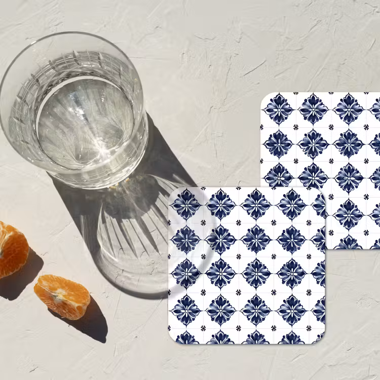 Tegelmotief - Blauw - Wit - Bloem onderzetter kurk middel 366 -sfeer4