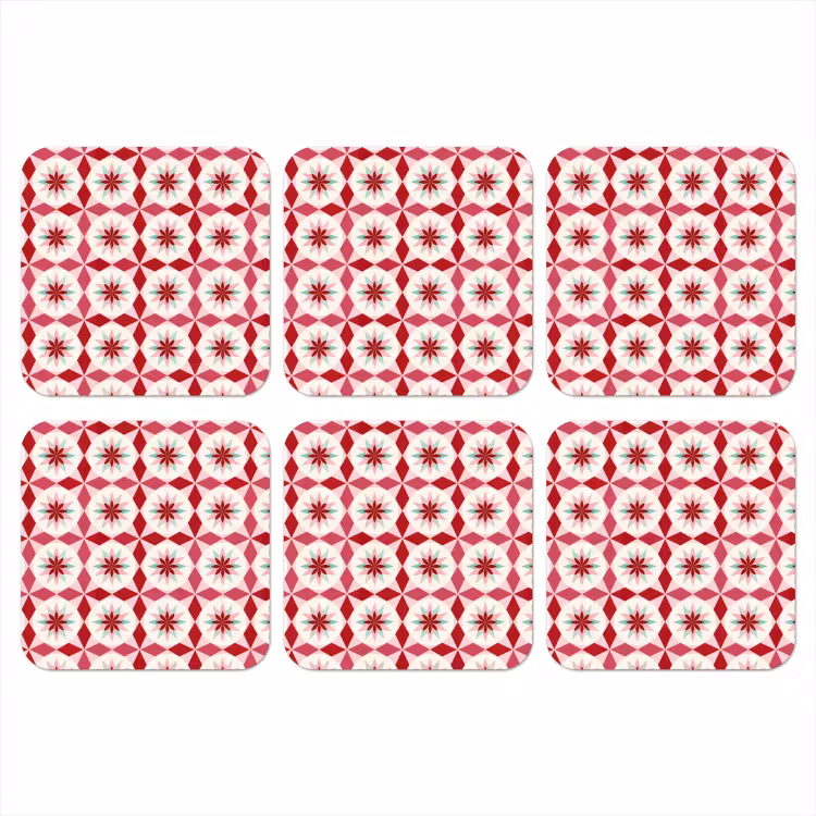 Tegelpatroon - Sterren - Retro - Roze - Mintgroen onderzetter kurk middel 366 -3d