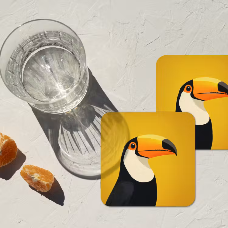 Toekan - Minimalistisch - Snavel - Oranje onderzetter kurk middel -sfeer4