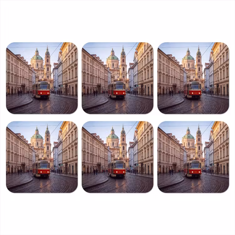 Tram - Straat - Stadsgezicht - Klassiek - Rood onderzetter kurk middel -3d