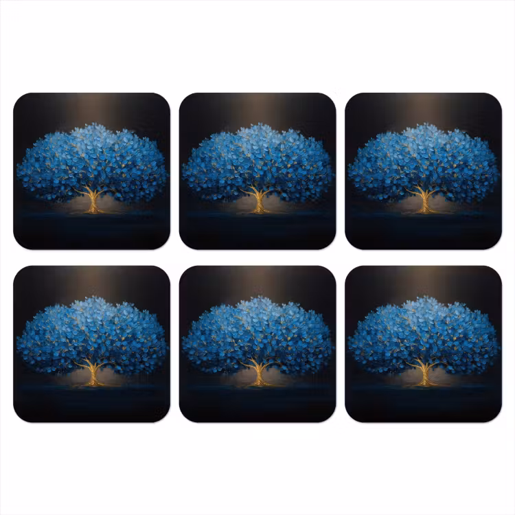 Boom - Blauw - Bladeren - Penseelstreken onderzetter kurk middel -3d