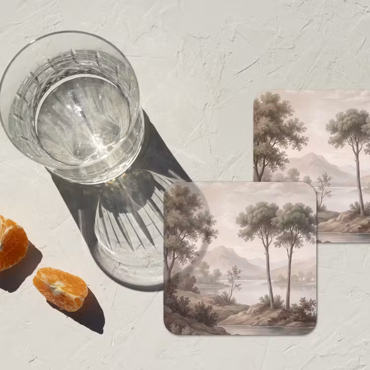 Bomen - Meer - Bergen - Illustratie onderzetter kurk middel -sfeer4