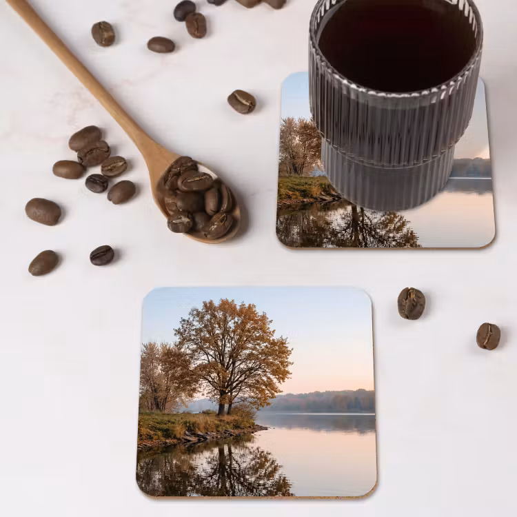 Bomen - Reflectie - Water - Zonsopgang - Serene onderzetter kurk middel -sfeer2