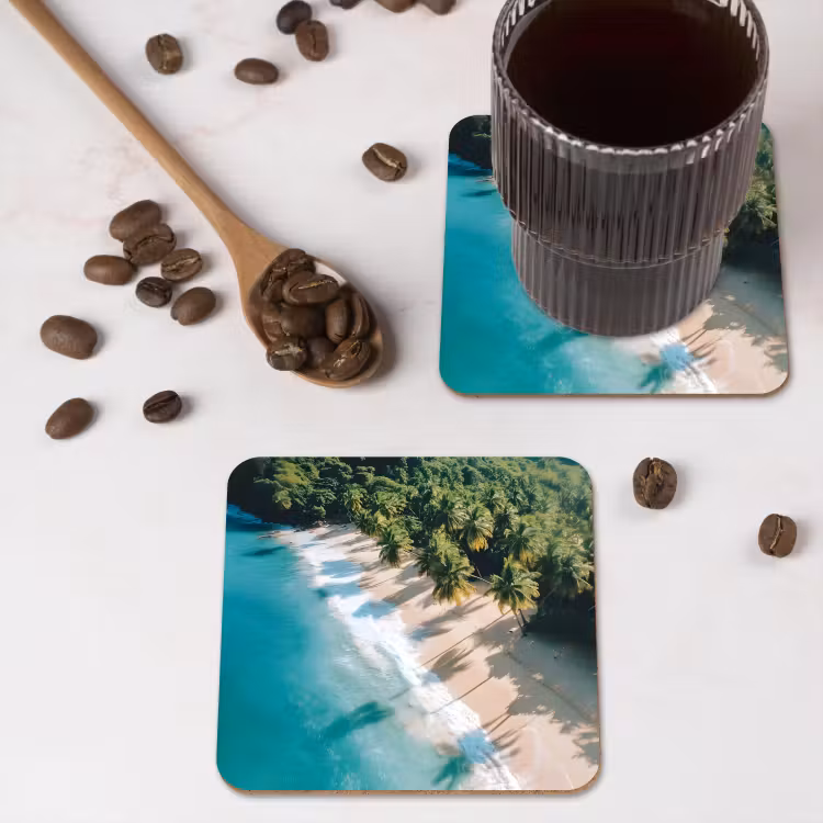 Tropisch - Strand - Water - Palmbomen onderzetter kurk middel -sfeer2