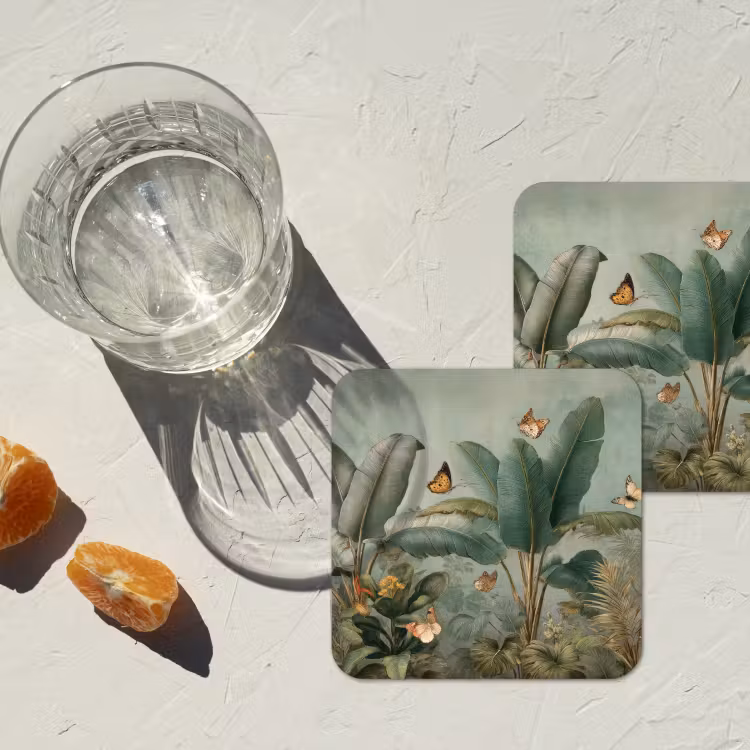 Tropisch bladerdek - Vlinders - groen - Bruin onderzetter kurk middel -sfeer4