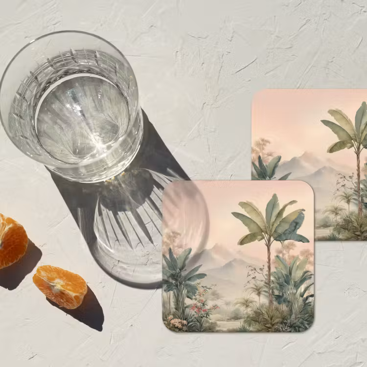 Tropisch landschap - palmbomen - Bloemen - Roze lucht onderzetter kurk middel -sfeer4