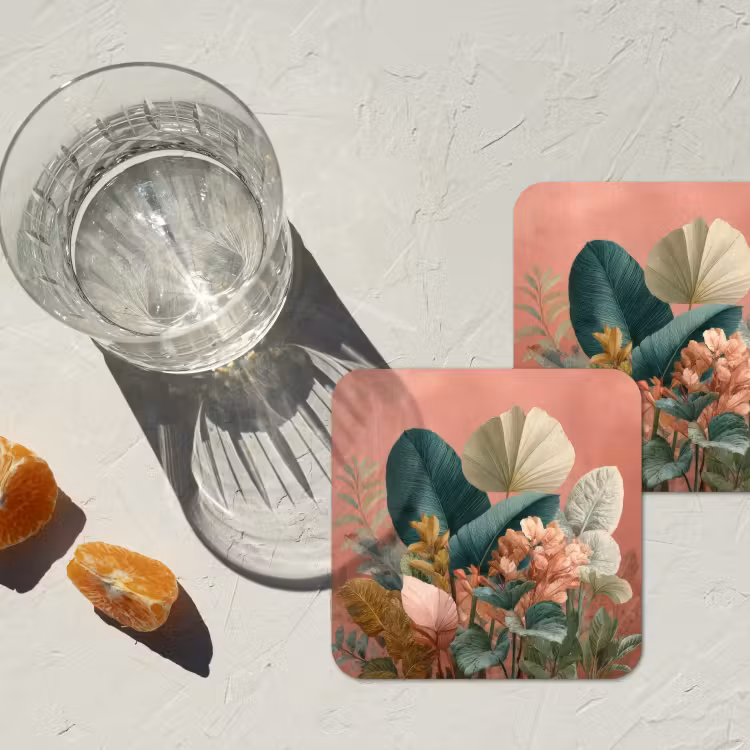 Tropische bladeren - Bloemen - Roze - groen onderzetter kurk middel -sfeer4