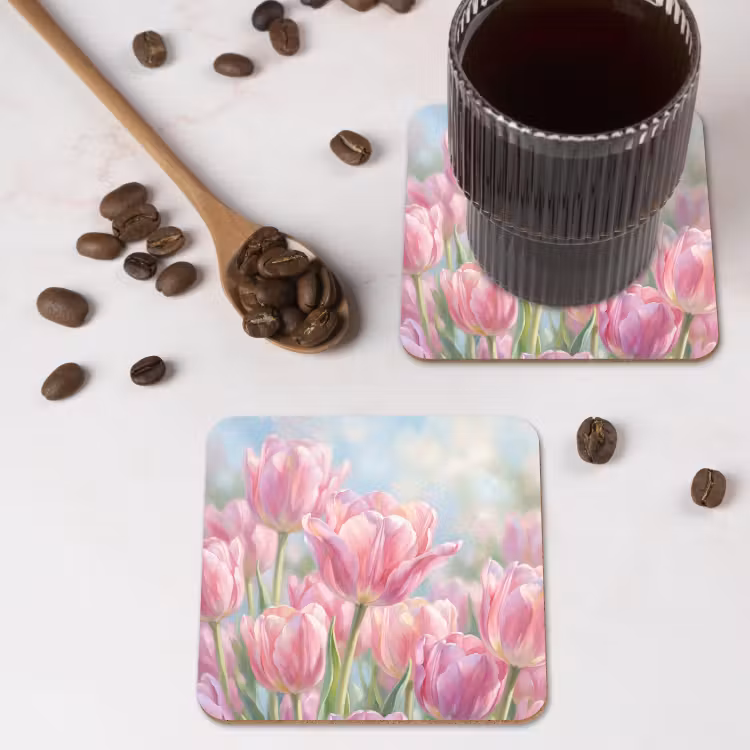 Tulpen - Veld - Lente - Roze onderzetter kurk middel -sfeer2