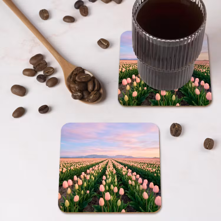 Tulpen - Landschap - Roze onderzetter kurk middel -sfeer2