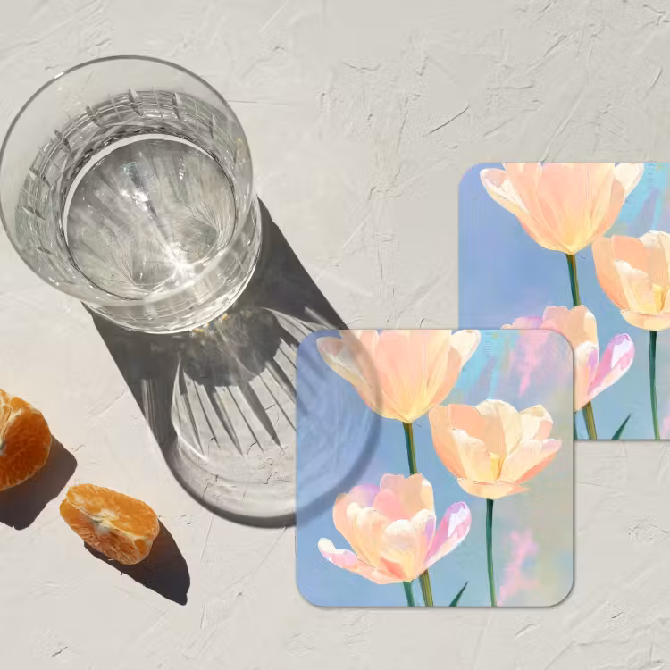 Tulpen - Roze accenten - Blauw onderzetter kurk middel -sfeer4