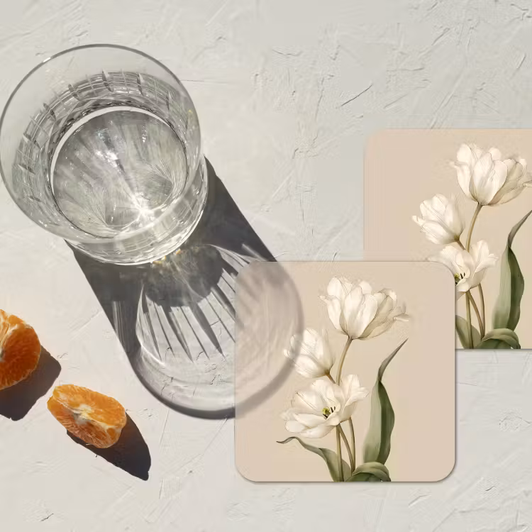 Tulpen - Wit - Bladeren onderzetter kurk middel -sfeer4