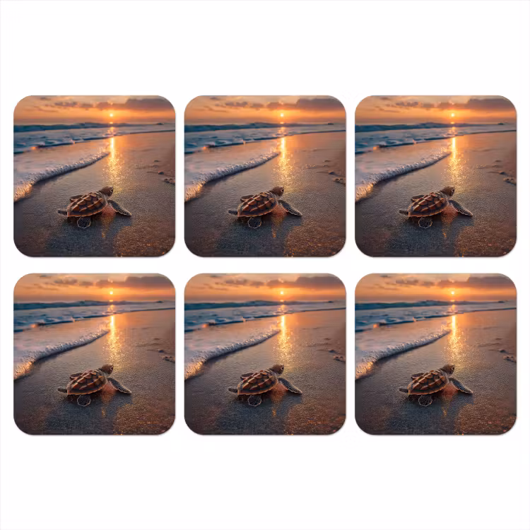 Schildpad - strand - Zonsondergang onderzetter kurk middel -3d