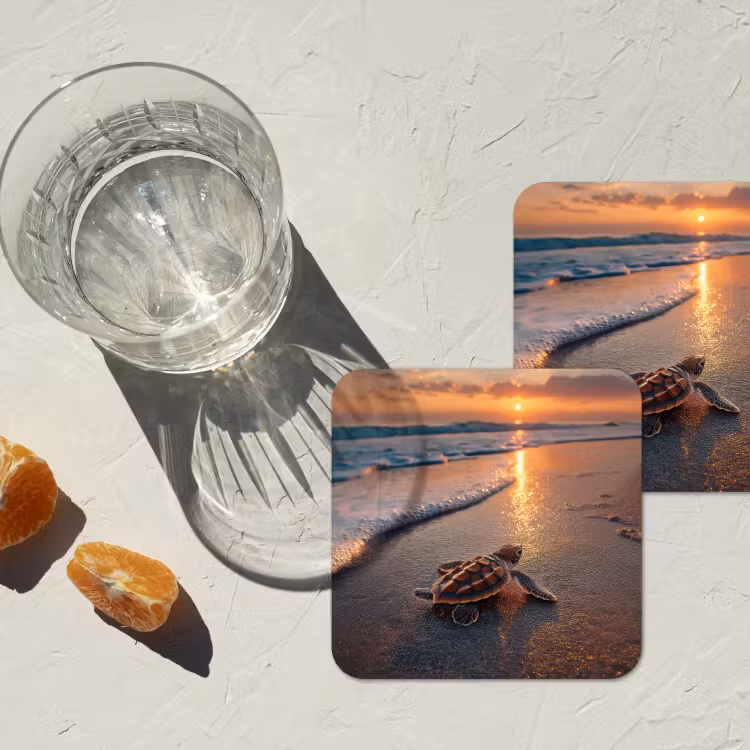 Schildpad - strand - Zonsondergang onderzetter kurk middel -sfeer4