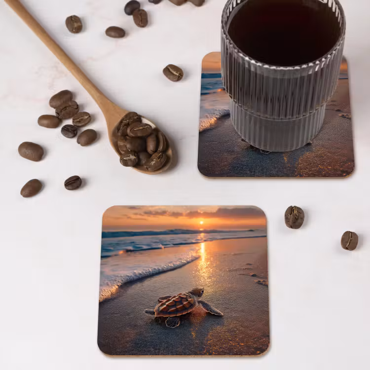Schildpad - strand - Zonsondergang onderzetter kurk middel -sfeer2