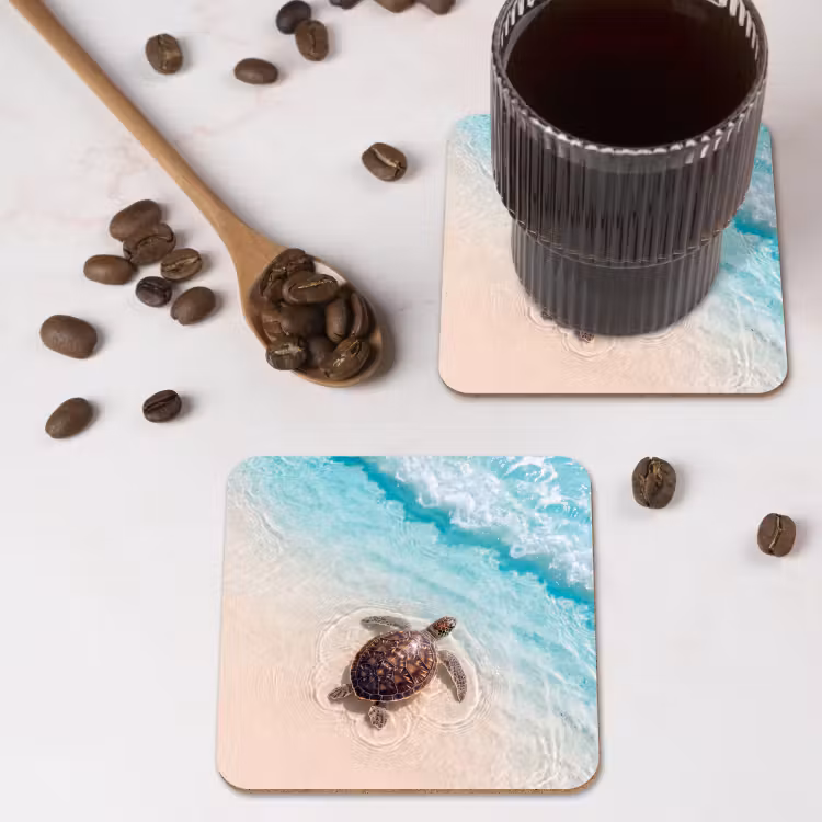 Schildpad - Helder water - Strand - Dieren - Natuur onderzetter kurk middel -sfeer2