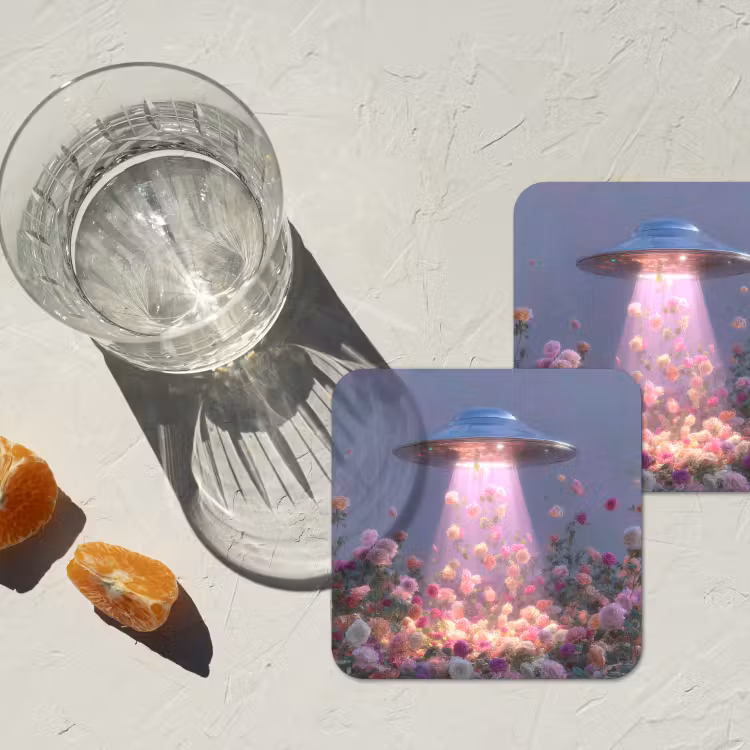 Ufo - Rozen - Pastelkleuren onderzetter kurk middel -sfeer4