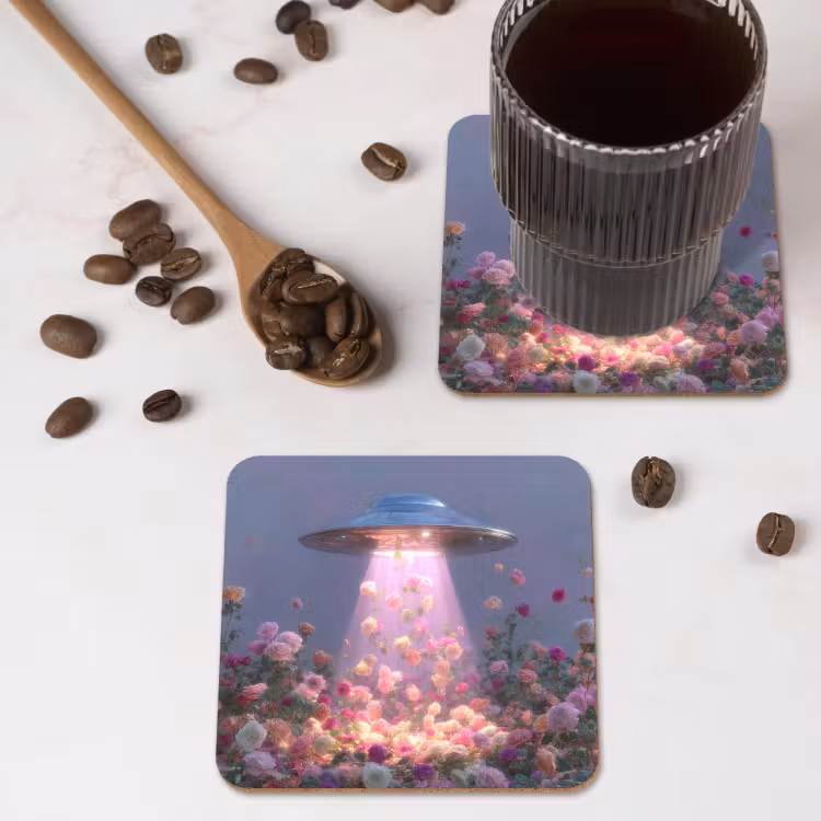 Ufo - Rozen - Pastelkleuren onderzetter kurk middel -sfeer2