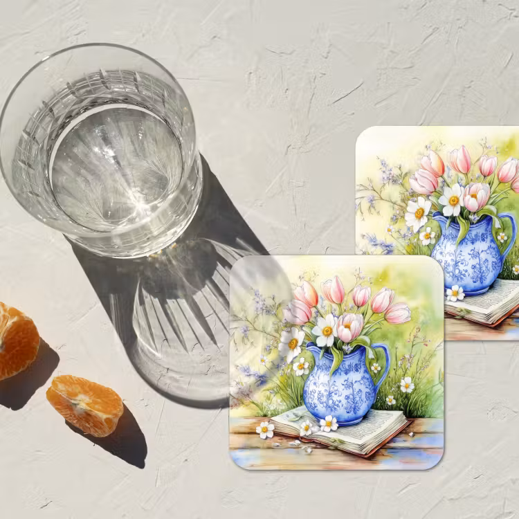 Vaas - Delftsblauw - Madeliefjes onderzetter kurk middel -sfeer4