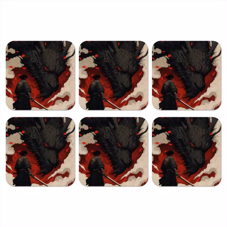 Krijger - Draak - Zwart - Rood - Rook onderzetter kurk middel -3d