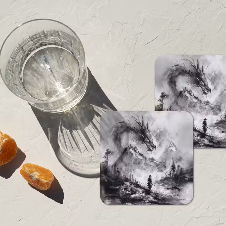 Krijger - Draak - Grijs onderzetter kurk middel -sfeer4