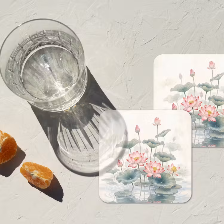 Aquarel - Lotusbloemen - Kleurrijk onderzetter kurk middel -sfeer4