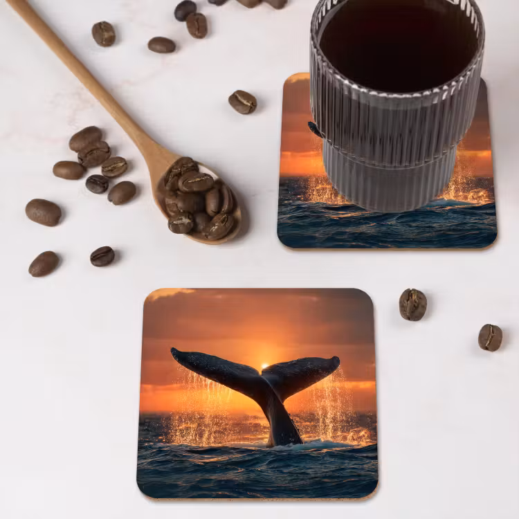 Walvis staart - Water - Zonsondergang onderzetter kurk middel -sfeer2
