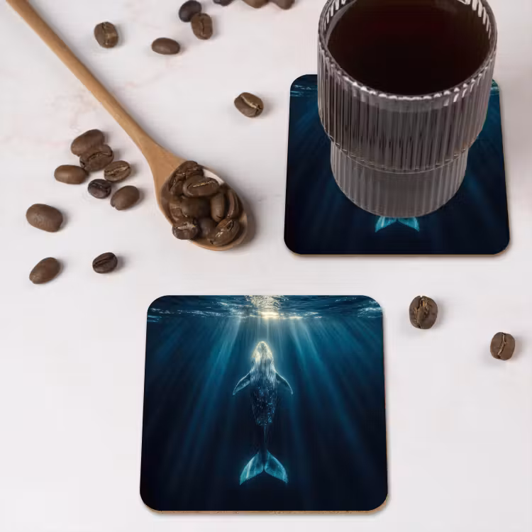 Walvis - Water - Zonnestralen - Blauw onderzetter kurk middel -sfeer2
