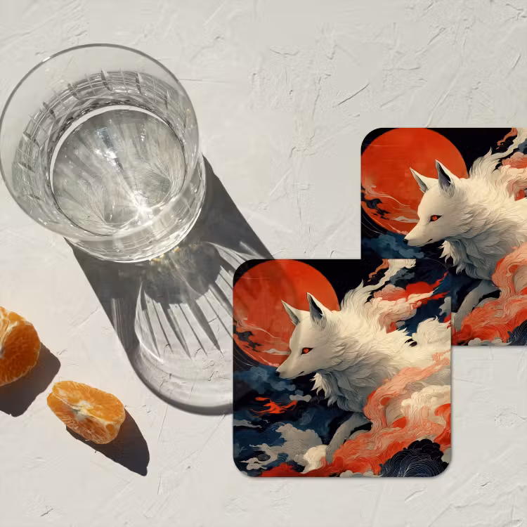 Witte vos - wolken - maan onderzetter kurk middel -sfeer4