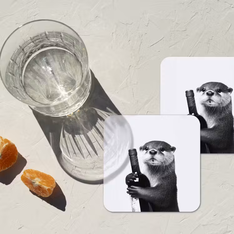 Wijnfles - Otter - Zwart onderzetter kurk middel -sfeer4