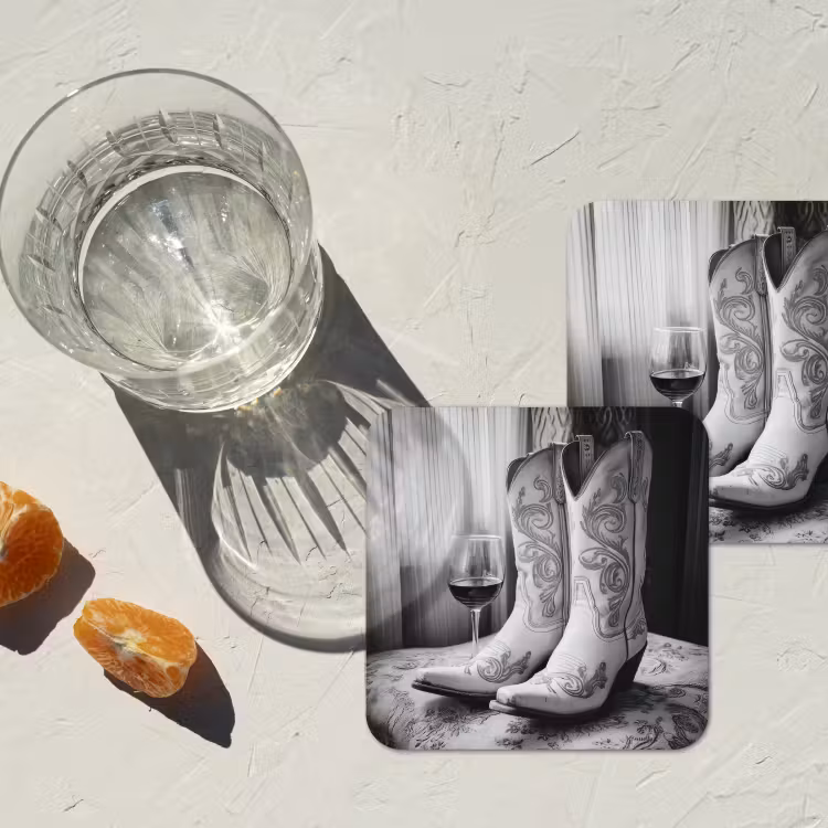 Wijn - Cowboylaarzen - Raamlicht - Wit onderzetter kurk middel -sfeer4