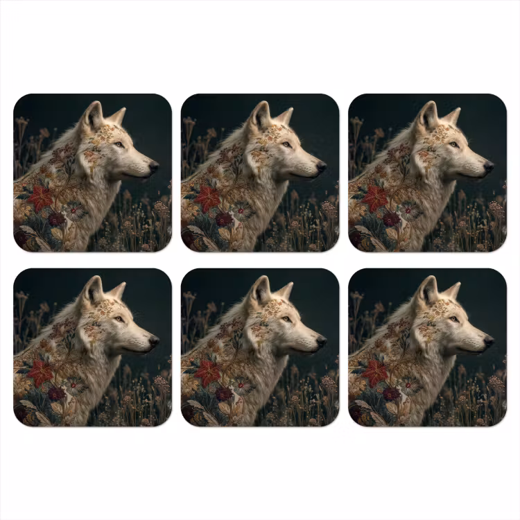 Wolf - Bloemen - Natuur onderzetter kurk middel -3d
