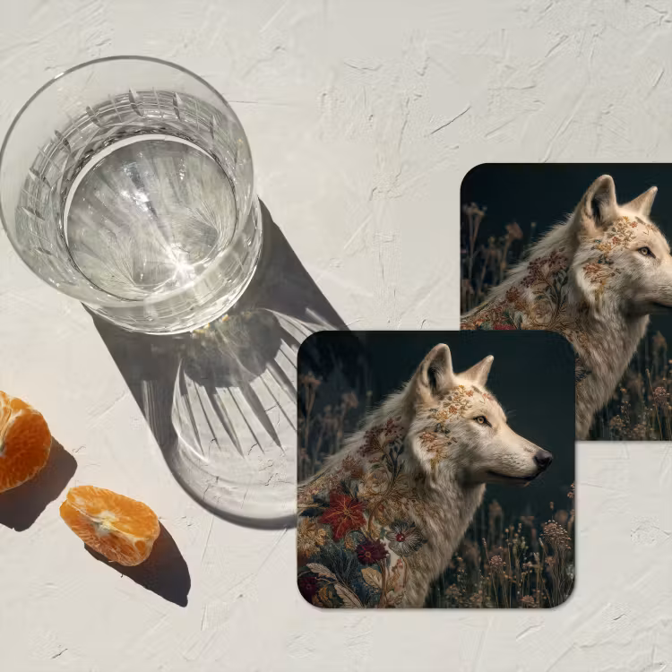 Wolf - Bloemen - Natuur onderzetter kurk middel -sfeer4
