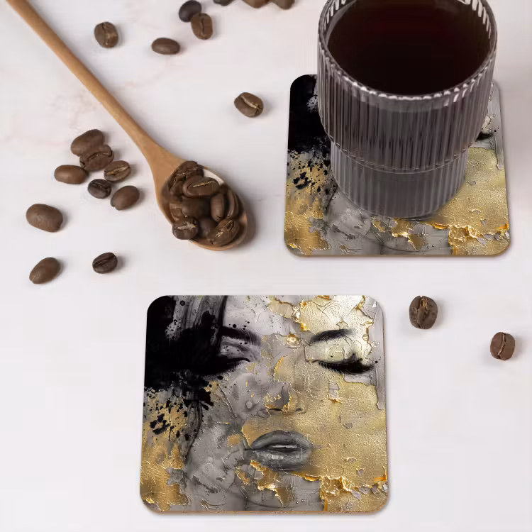 Vrouw - Kunst - Goud - Zwart onderzetter kurk middel -sfeer2