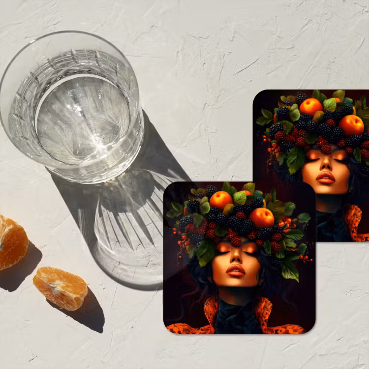 Vrouw - Zwart - Bessen - Bramen - Appels onderzetter kurk middel -sfeer4