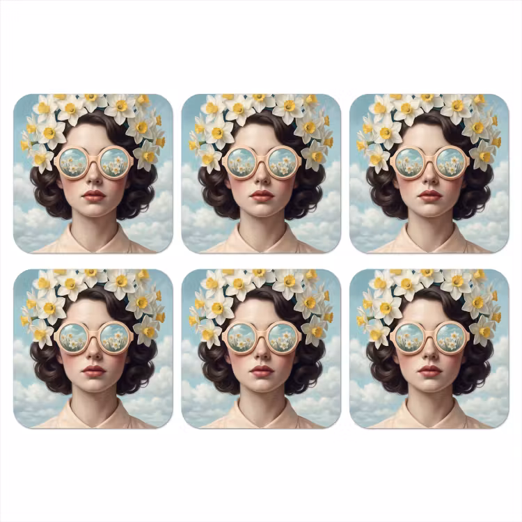 Vrouw - Narcissen - Geel onderzetter kurk middel -3d