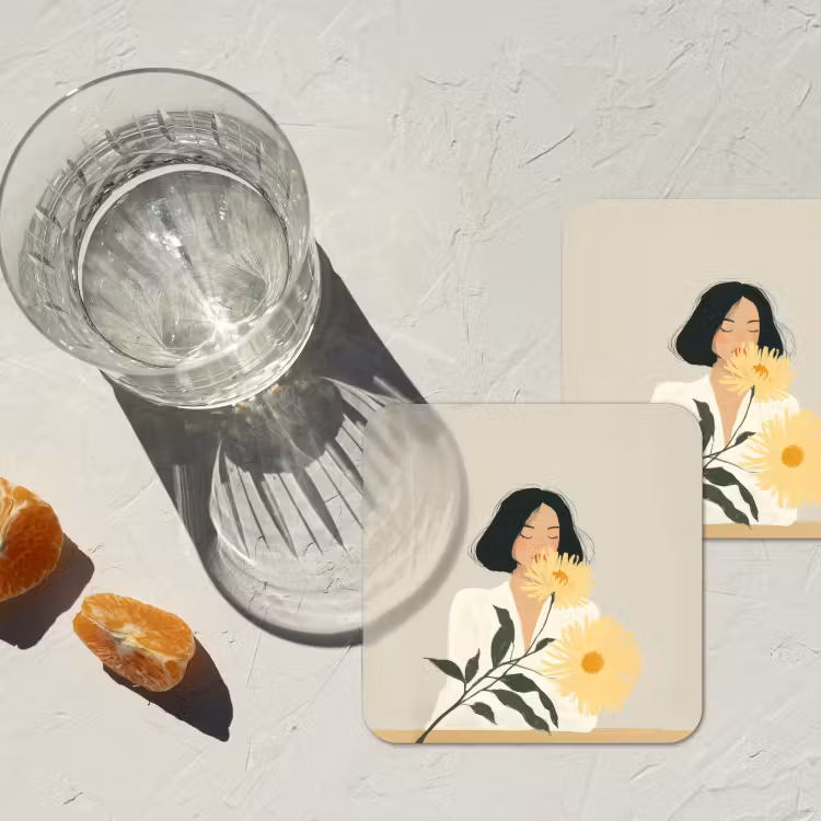 Vrouw - Bloem - Geel - Minimalistisch onderzetter kurk middel -sfeer4